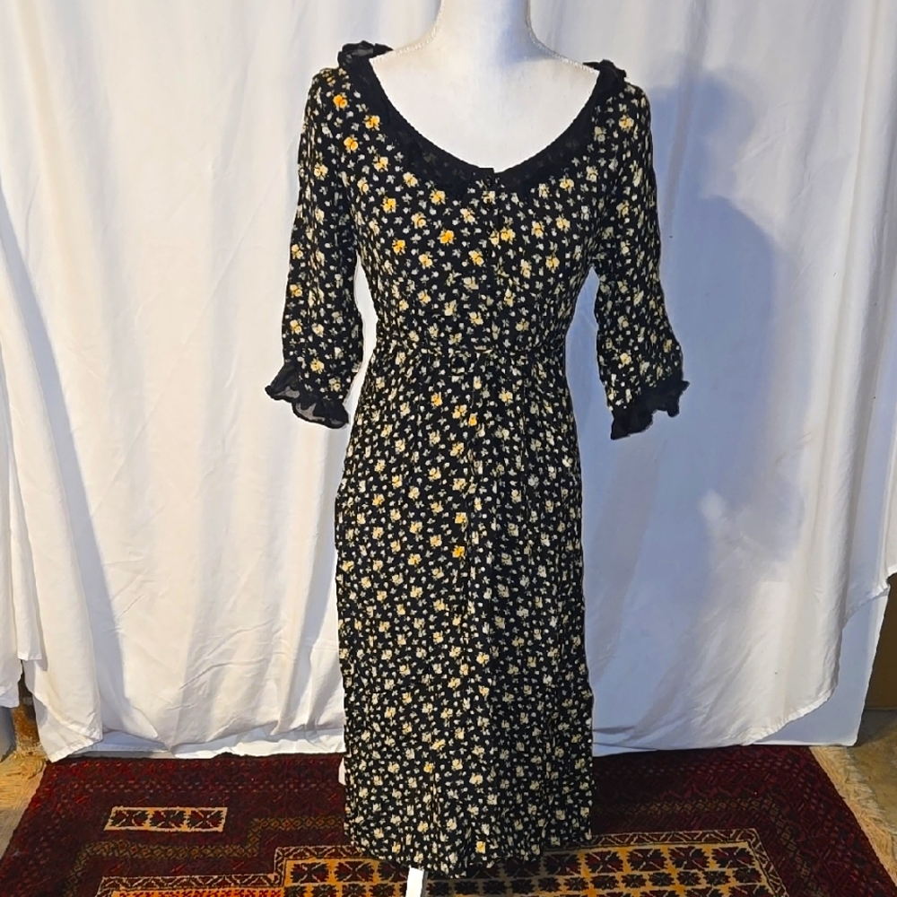 Pudding Shop April Cornell Vintage Sheath Sun Dress Black Yellow Flowers Ruffle